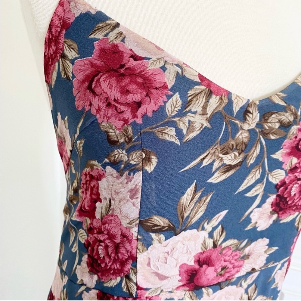 Long Maxi Mermaid Style Dress Blue Pink Floral Corset Lace Up Ruffles - Picture 9 of 15